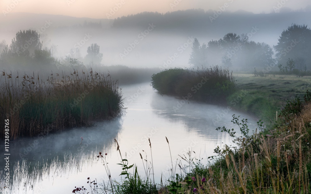 Foggy Riverbend, Misty river scene at dawn, serene landscape with fog and vegetation. Foggy Riverbend, Misty river scene at dawn, serene landscape with fog and vegetation.