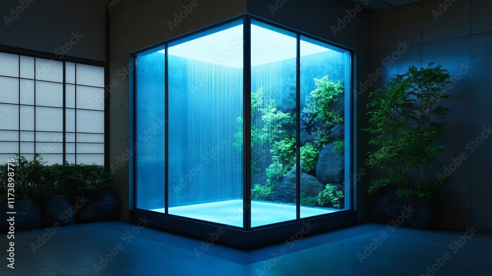 Fototapeta premium Rainfall shower with a zen garden theme and glowing backlit walls