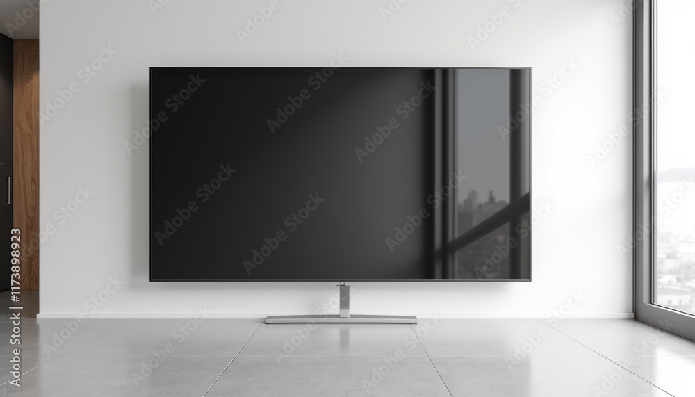 Fototapeta premium Close-up of a flat screen TV mockup, clean black screen, placed on neutral background, no people, sharp and photorealistic details