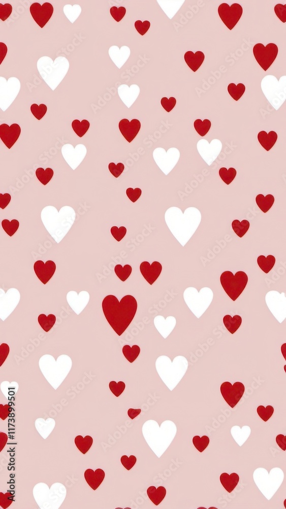 Vertical image featuring a pattern of red and white hearts on a soft pink background. A charming and festive design, perfect for Valentine's Day cards, decorations, or themed content. Vertical image featuring a pattern of red and white hearts on a soft pink background. A charming and festive design, perfect for Valentine's Day cards, decorations, or themed content.