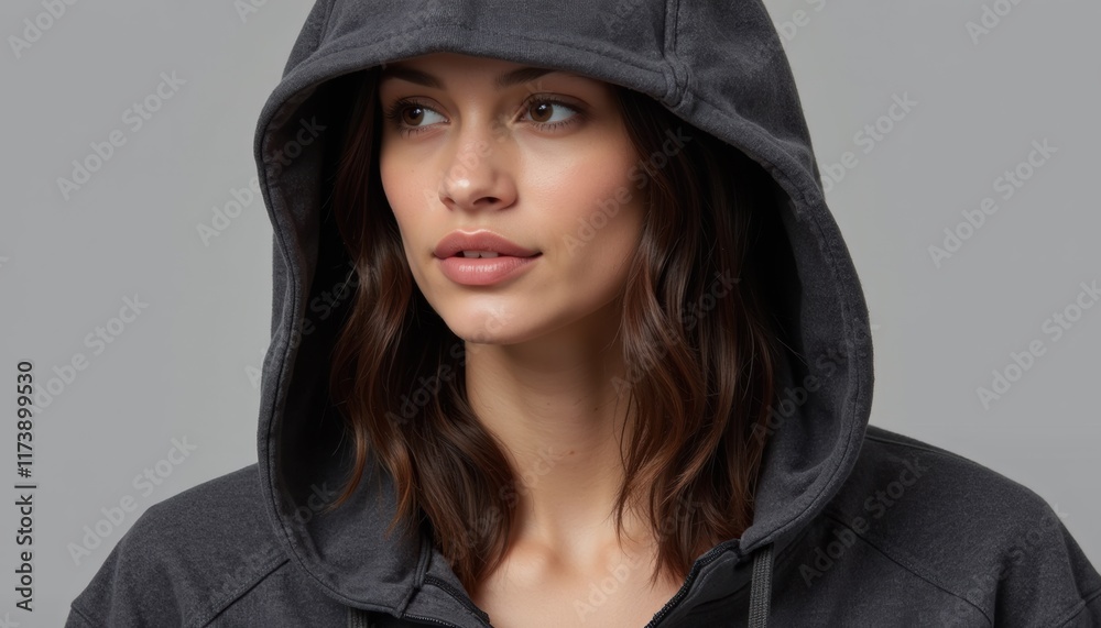 Close-up of model wearing hoodie with hood up, highlighting fabric texture and details, set against neutral backdrop Close-up of model wearing hoodie with hood up, highlighting fabric texture and details, set against neutral backdrop