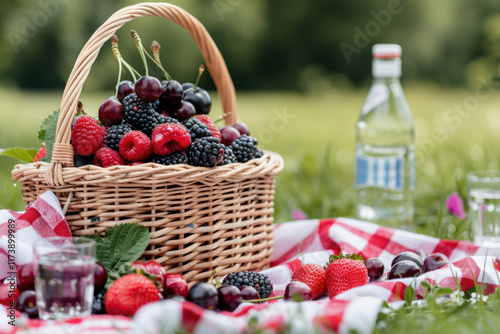 A wicker basket overflowing with fresh blackberries, raspberries, cherries, and strawberries, set on a red-checkered blanket in a sunny outdoor picnic scene.
