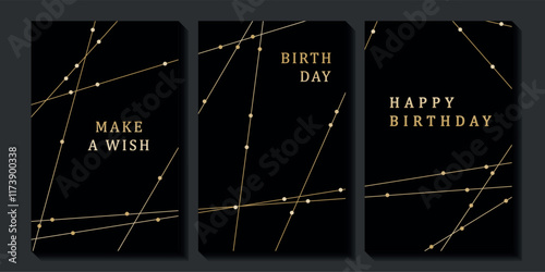 Set of luxury birthday cards on a black background. Modern gold and black design. Golden elegant geometric pattern, gold line on dark background. Premium design illustration for birthday party.