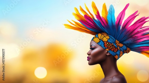 Colorful feather headdress adorns a woman in profile against a vibrant sunset backdrop