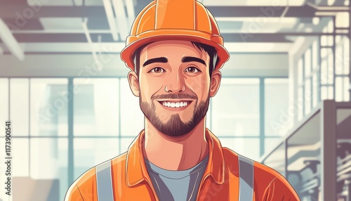 Happy And Smiling Industrial Worker With An Orange Hard Hat: A Portrait Of A Young Technician In A Factory Setting.