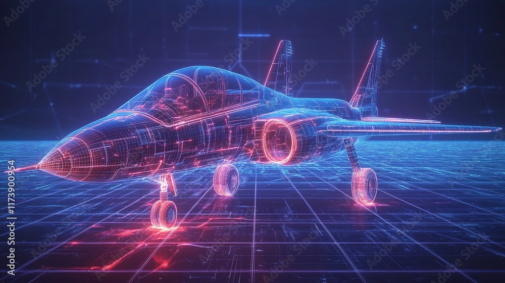 Obraz premium Futuristic fighter jet digital wireframe model.