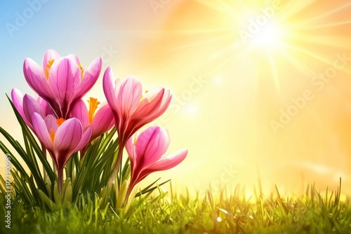 Bright crocus flowers bloom under a warm afternoon sun in a vibrant garden setting