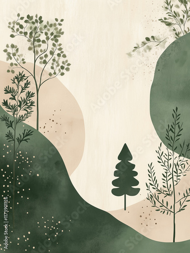 Abstract illustration of green trees on beige background