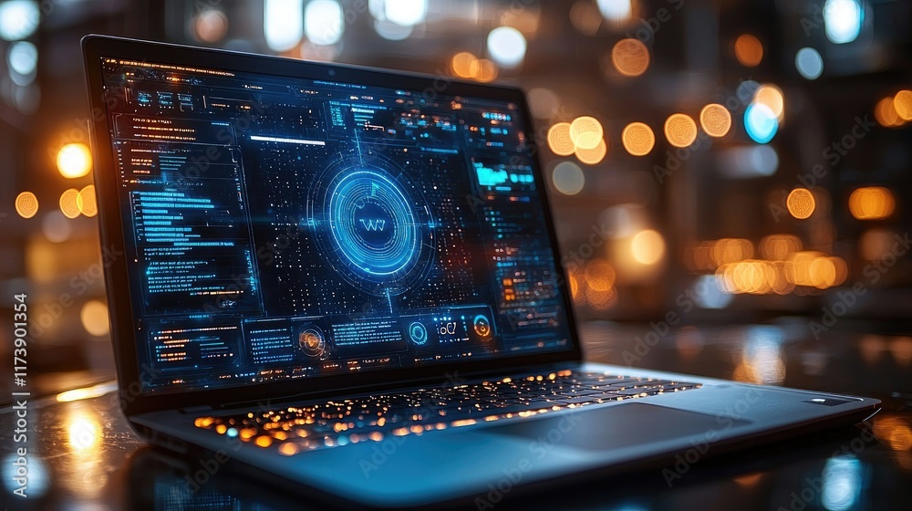 Laptop displaying futuristic HUD interface. Laptop displaying futuristic HUD interface.