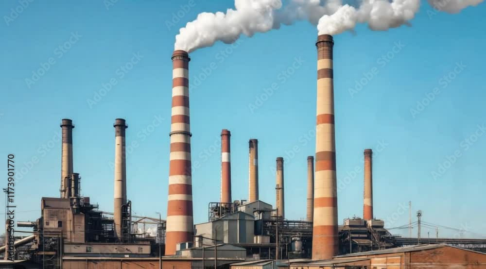 Large industrial plant with many tall smokestacks. The sky is clear and blue. The smoke from the smokestacks is billowing into the sky Large industrial plant with many tall smokestacks. The sky is clear and blue. The smoke from the smokestacks is billowing into the sky