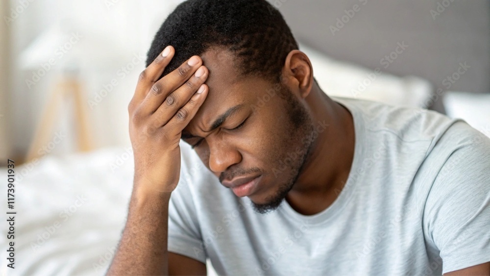 Young Black African American Man Having Morning Headache Hangover or Migraine, Holding and Touching Head in Bedroom Young Black African American Man Having Morning Headache Hangover or Migraine, Holding and Touching Head in Bedroom