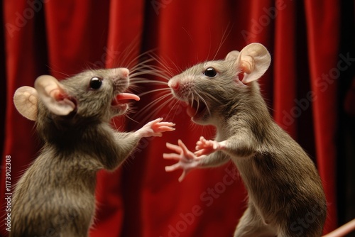 Two rodents squabble; red backdrop. photo