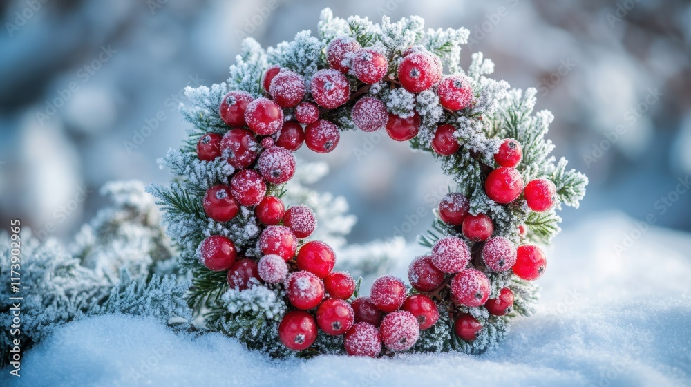 Festive wreath adorned with red berries and frosted greenery in a winter wonderland setting. Generative AI Festive wreath adorned with red berries and frosted greenery in a winter wonderland setting. Generative AI