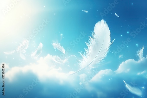 White feather flying on blue sky background. Abstract bird feather falling in the air. Symbol of peace or freedom concept. Generated AI