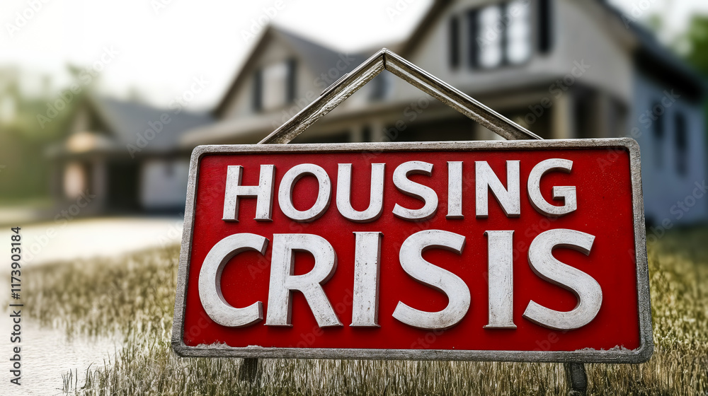 Housing Crisis Sign with Home Background Illustrating Real Estate Market Challenges Housing Crisis Sign with Home Background Illustrating Real Estate Market Challenges