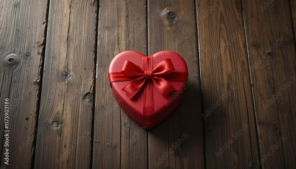 Red heart-shaped gift box with a bow on rustic wooden background for Valentine's Day concept Red heart-shaped gift box with a bow on rustic wooden background for Valentine's Day concept