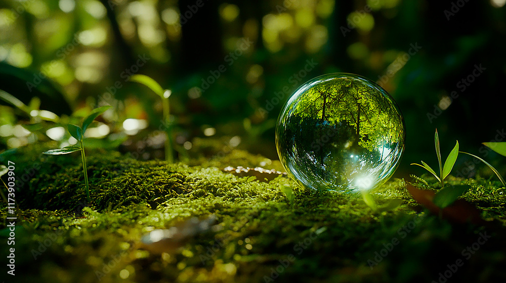 Glass sphere on green moss in magical forest light representing nature purity and environmental awareness Glass sphere on green moss in magical forest light representing nature purity and environmental awareness