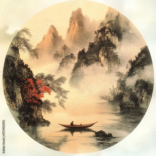 Fisherman Boat River Around Mountains Chine