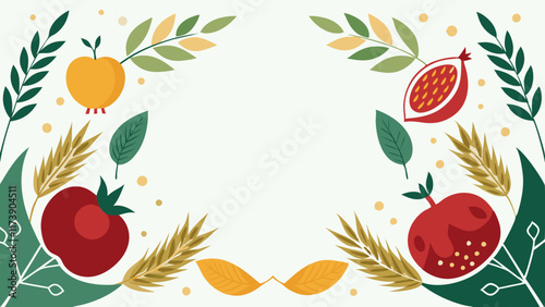 Colorful pomegranate, wheat and leaves vector illustration with empty space for decoration or design concept