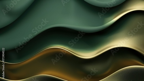 Abstract Gradient Backgrounds: Textured Waves in Shades of Dark Green and Gold, Resembling Silk Fabrics, for Modern Design photo