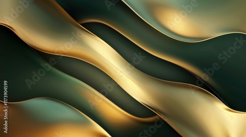 Abstract Gradient Backgrounds: Textured Waves in Shades of Dark Green and Gold, Resembling Silk Fabrics, for Modern Design photo