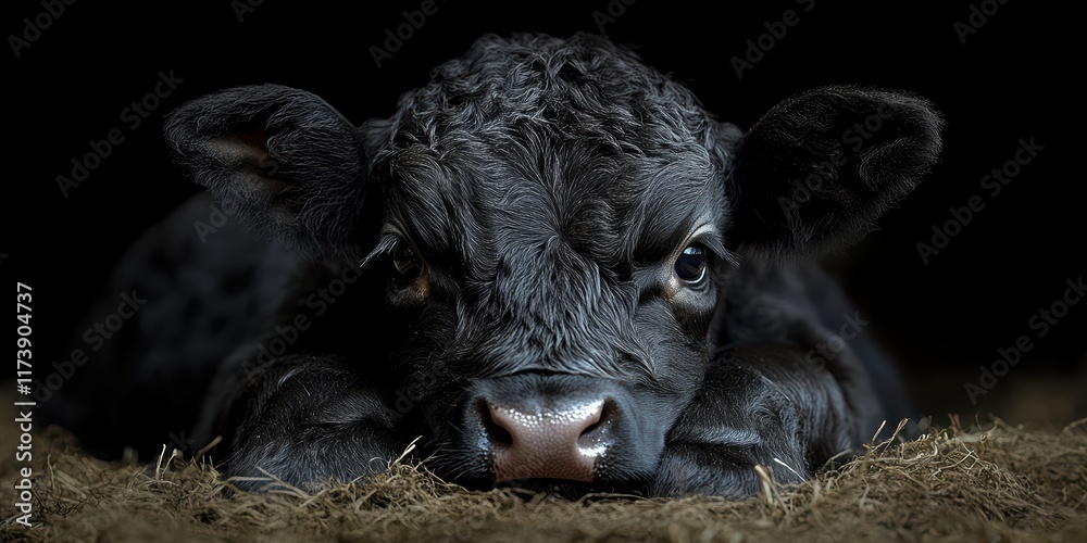 Fototapeta premium Close-up portrait of a young black calf lying on a bed of straw in a dimly lit barn setting, showcasing its textured fur and expressive eyes, capturing a moment of calm and innocence.