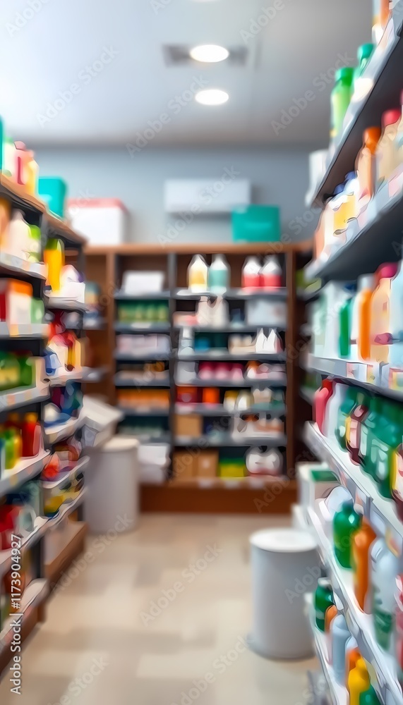 Naklejka premium Pharmacy Drugstore Shelves Interior with Blurred Background