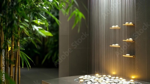 Zen-inspired shower with bamboo decor, glowing pebbles, and warm water streams photo