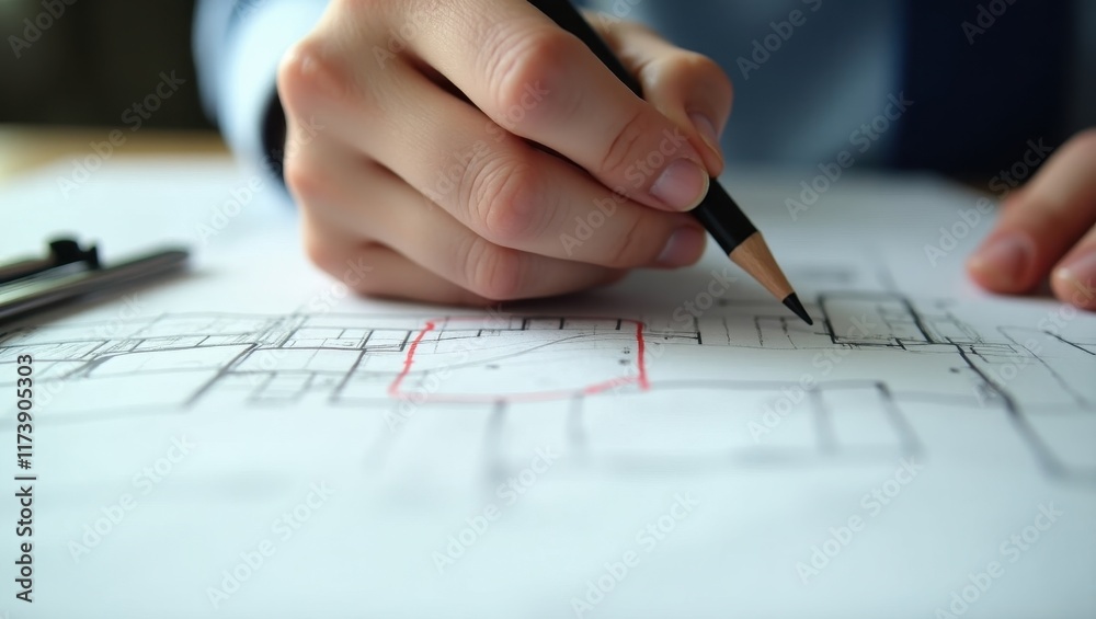 Closeup of a hand sketching architectural plans on paper with a pencil and ruler in a well-lit workspace Closeup of a hand sketching architectural plans on paper with a pencil and ruler in a well-lit workspace
