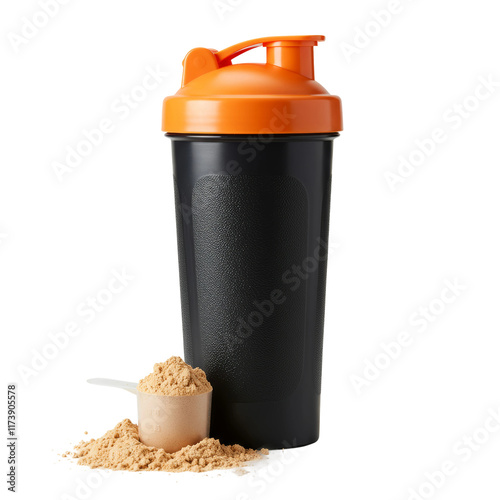A protein shaker bottle with a protein powder on the ground, transparent background

