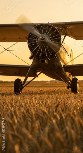 Biplane Flying Low Over Wheat Field at Sunset