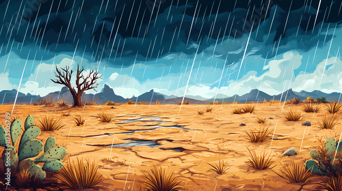 Reviving nature with captivating rainfall on arid land, transforming barren terrain with refreshing drops of water. Rainfall. Illustration