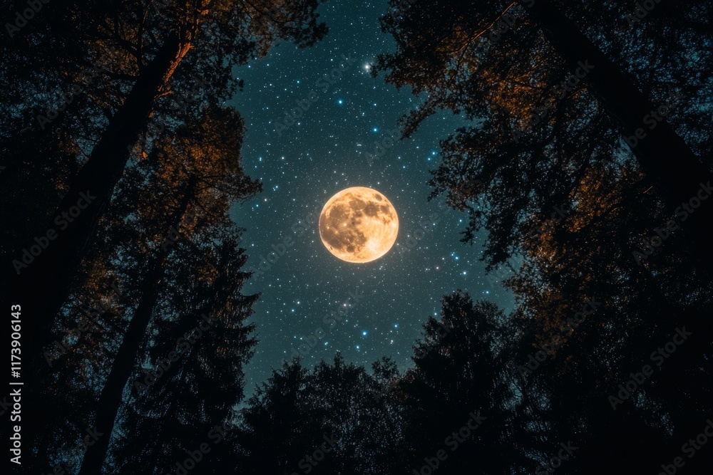 Fototapeta premium starry night sky with a bright full moon, framed by silhouettes of tall trees landscape