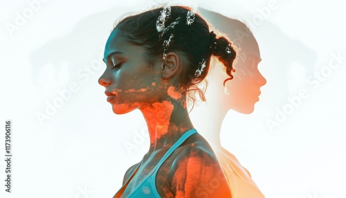 Young Woman Silhouette Practicing Yoga Captured In A Double Exposure Technique. The Image Displays A Beautiful And Serene Scene. photo