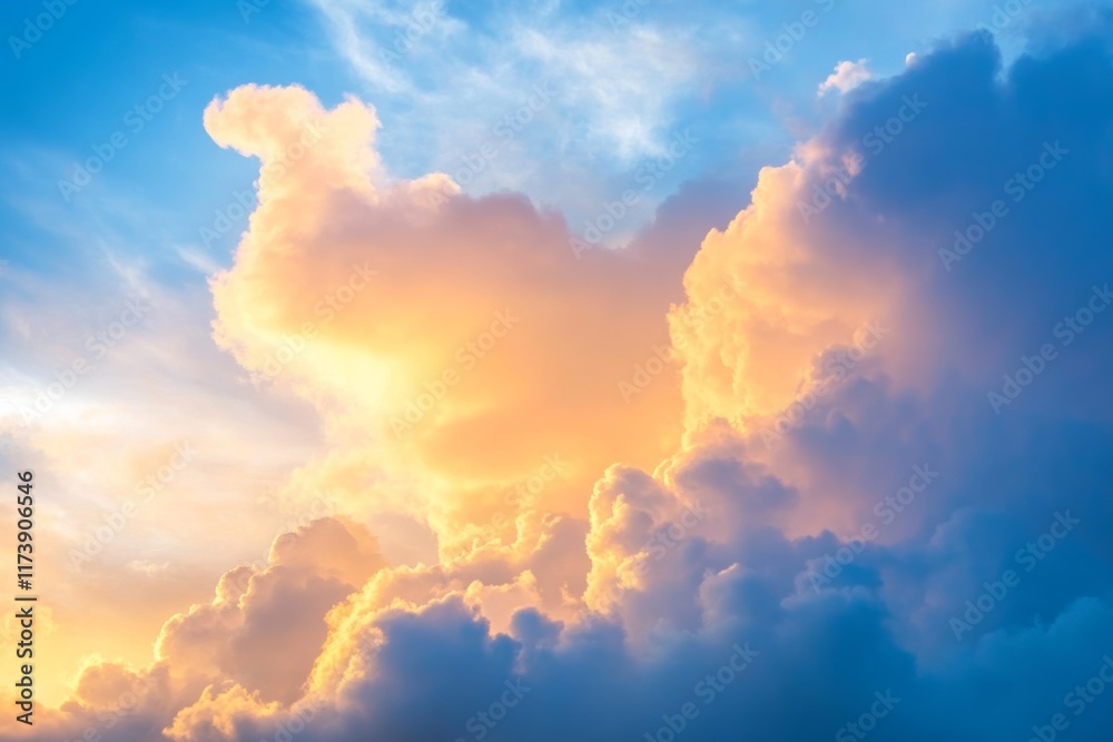 Fototapeta premium dramatic clouds in the sky forming unique shapes at sunrise, with a spectrum of colors from blue to gold, skies after the storm cloudscape