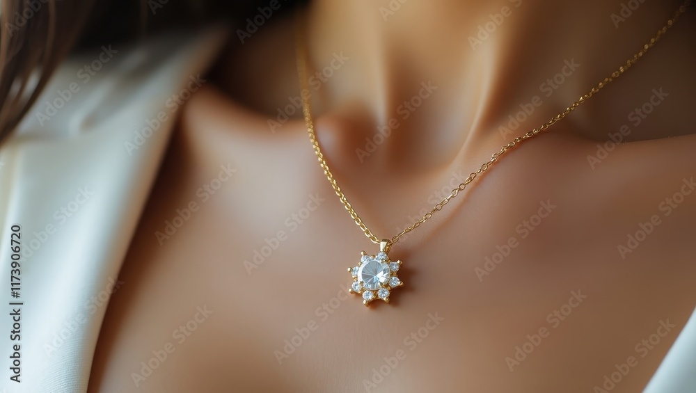 Closeup of a delicate gold necklace with a sparkling pendant worn by a model in a serene setting Closeup of a delicate gold necklace with a sparkling pendant worn by a model in a serene setting