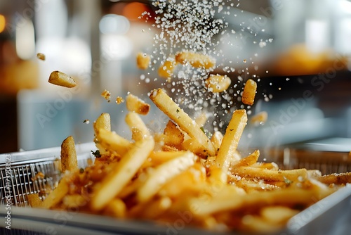 frytki, złocisty kolor, chrupiąca tekstura, koszyk stalowy, sól morska, świeże zioła, dynamiczna scena, kuchnia fast food, oświetlenie boczne, apetyczność.

