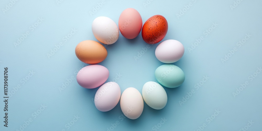 Colorful eggs arranged beautifully in a circle on a soft blue background. This vibrant composition captures the essence of spring celebrations and festive themes. Perfect for seasonal designs. AI