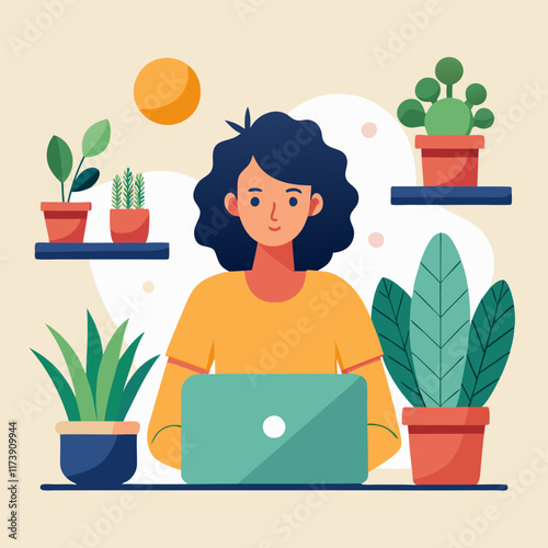 A woman at desk surrounded by succulents image. Cartoon style. Tech vector illustration.
