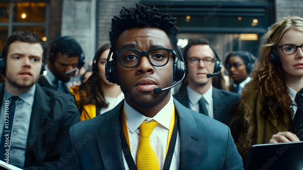 A focused young man in a suit and headset leads a diverse team, all wearing headsets, suggesting a coordinated business operation or high-stakes event. A focused young man in a suit and headset leads a diverse team, all wearing headsets, suggesting a coordinated business operation or high-stakes event.