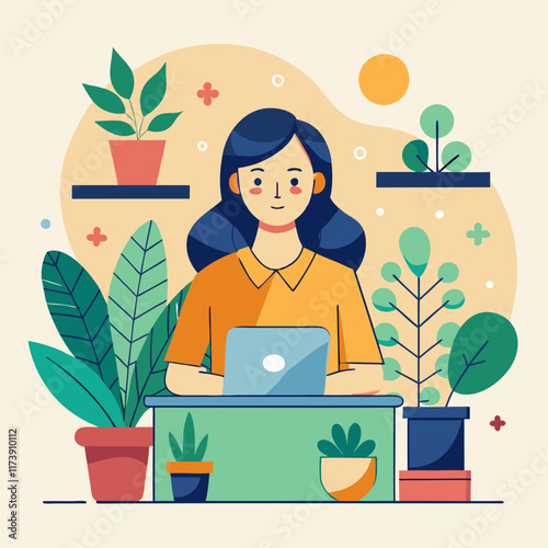 A woman at desk surrounded by succulents image. Flat style. Tech vector illustration.