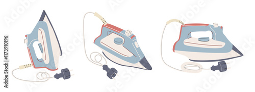 Electric iron for ironing clothes and linens. Different angles. Isolated on a white background. Flat vector illustration.