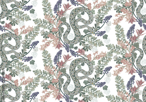 Заголовок	
A seamless pattern of colorful snakes intertwined with blooming flowers on a transparent background creates a vibrant and detailed visual effect.