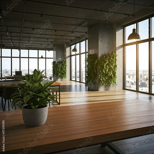 A softly blurred background showcasing an empty  modern office space with clean lines  sleek furnishings  and a professional  contemporary design aesthetic