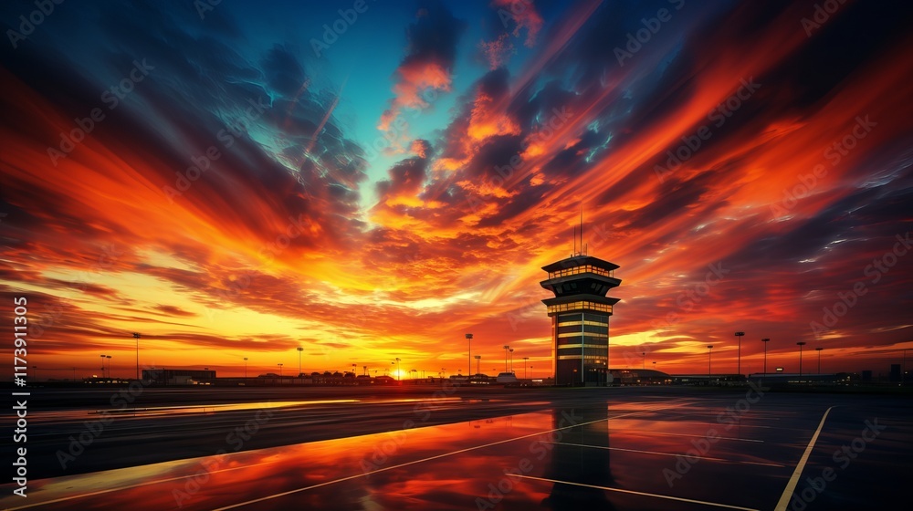 Obraz premium Majestic sunset casts vibrant colors over airport control tower at dusk. Generative AI