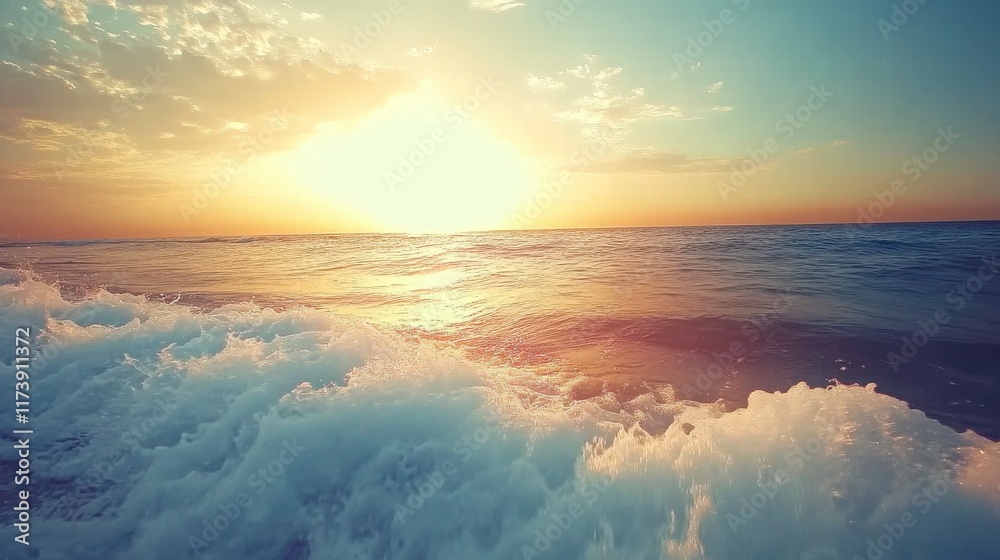 Obraz premium Serene Sunset Over Ocean Waves with Bright Lighting