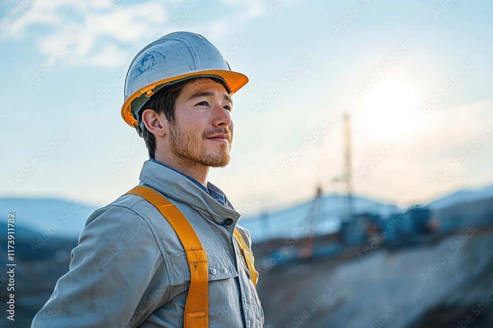 Construction Worker in Hard Hat and Jacket at Construction Site with Bright Sunlight and Open Sky Construction Worker in Hard Hat and Jacket at Construction Site with Bright Sunlight and Open Sky