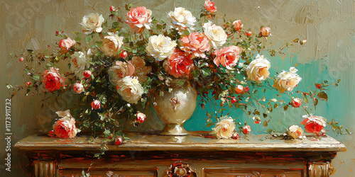  Elegant Rose Bouquet in Vintage Vase on Rustic Table