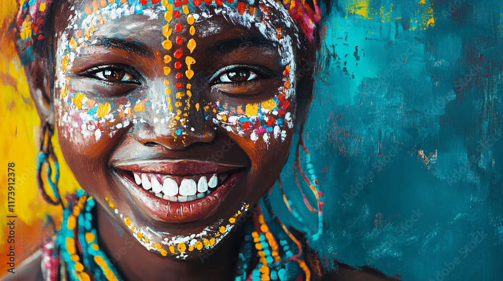 Fototapeta premium Vibrant Portraits of Smiling Individuals with Traditional Face Paint and Colorful Bead Necklaces Against a Bright Yellow Background, Celebrating Cultural Identity and Joy