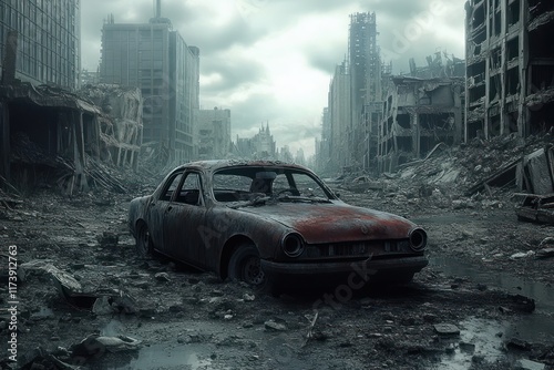 Post-Apocalyptic Cityscape with Crumbling Skyscrapers and Rusted Car photo